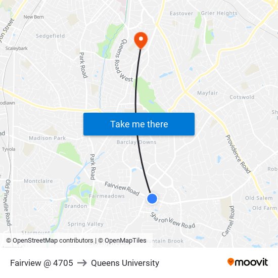 Fairview @ 4705 to Queens University map