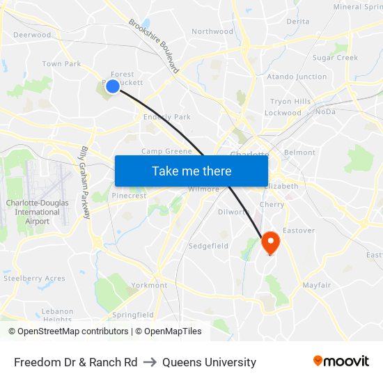 Freedom Dr & Ranch Rd to Queens University map