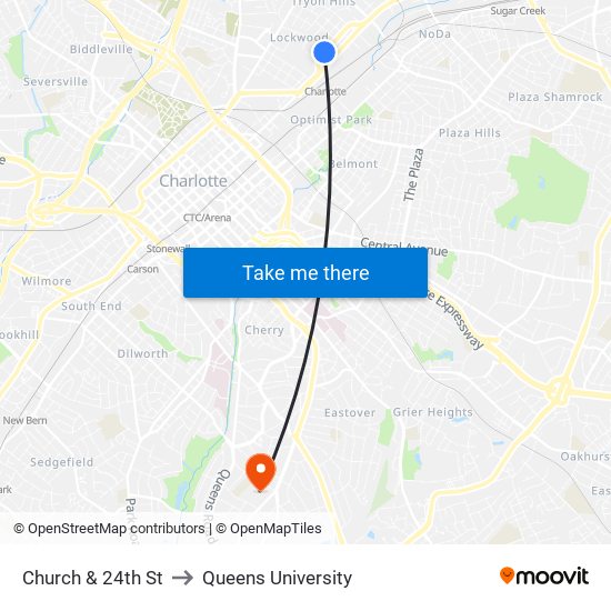 Church & 24th St to Queens University map