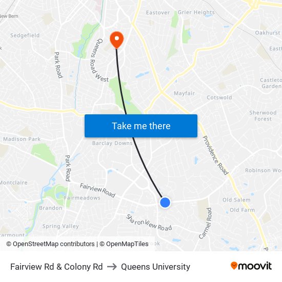 Fairview Rd & Colony Rd to Queens University map