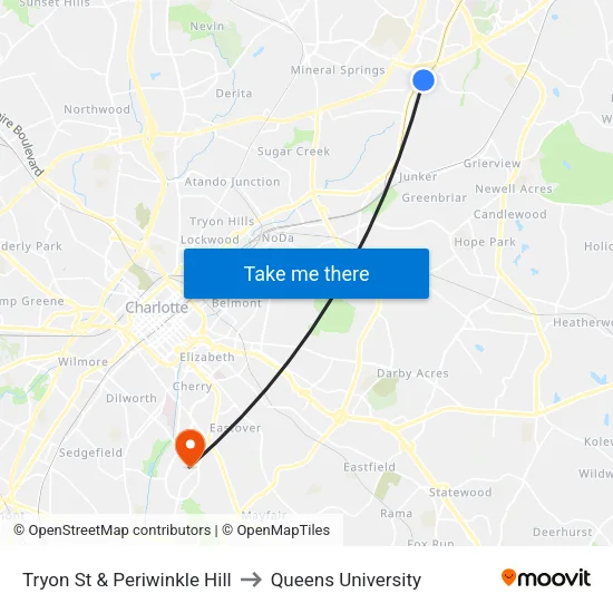 Tryon St & Periwinkle Hill to Queens University map