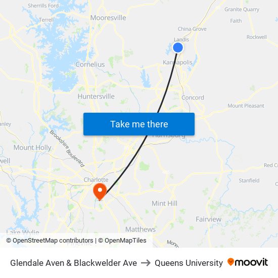 Glendale Aven & Blackwelder Ave to Queens University map