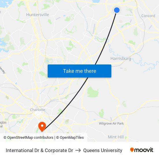 International Dr & Corporate Dr to Queens University map