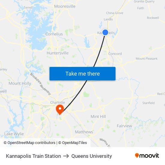 Kannapolis Train Station to Queens University map