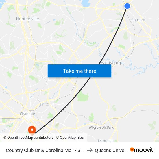 Country Club Dr & Carolina Mall - Starbucks to Queens University map