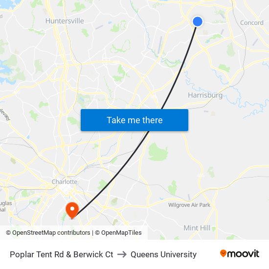 Poplar Tent Rd & Berwick Ct to Queens University map