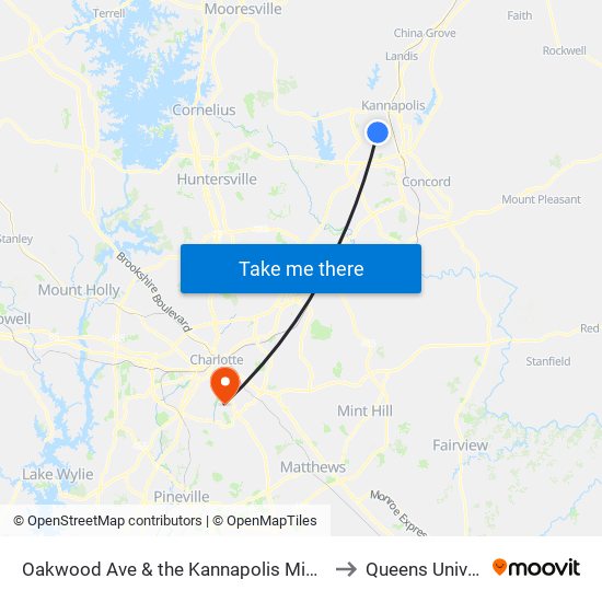 Oakwood Ave & the Kannapolis Middle School to Queens University map