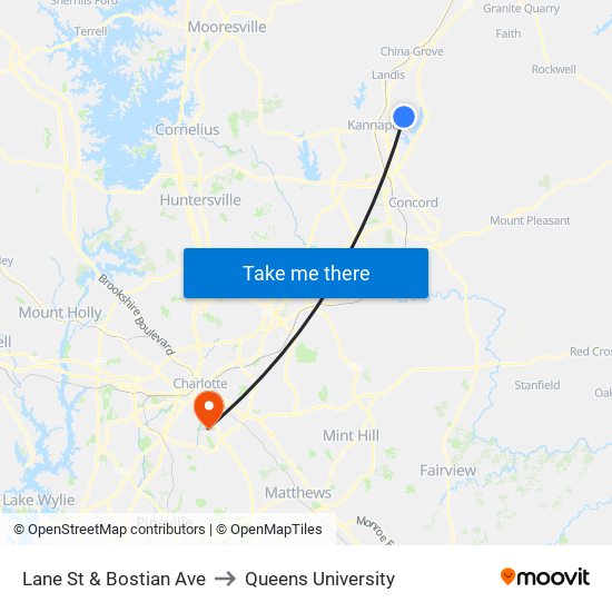 Lane St & Bostian Ave to Queens University map