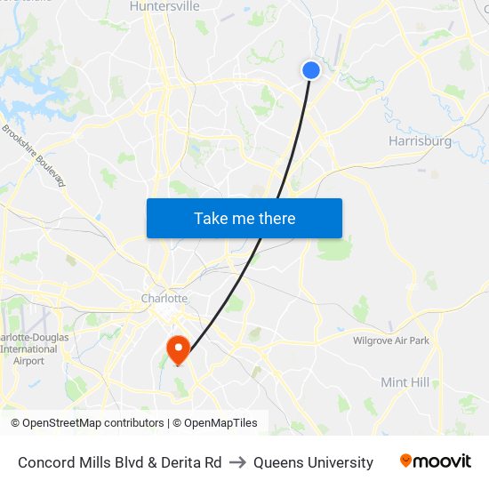 Concord Mills Blvd & Derita Rd to Queens University map