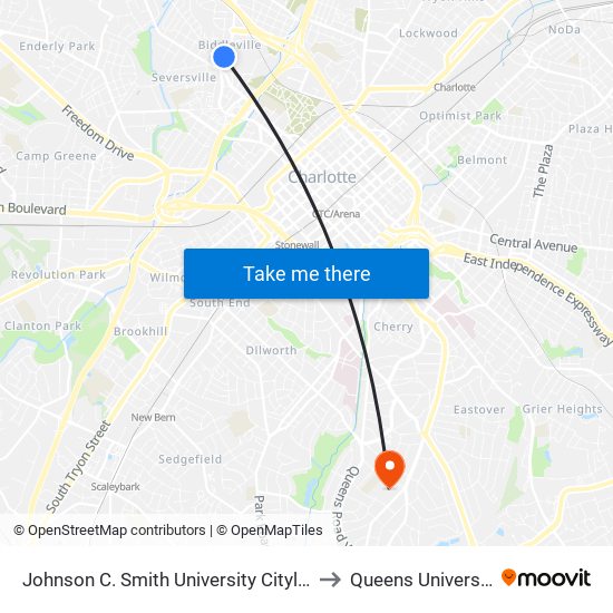 Johnson C. Smith University Citylynx to Queens University map