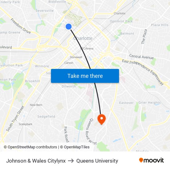 Johnson & Wales Citylynx to Queens University map