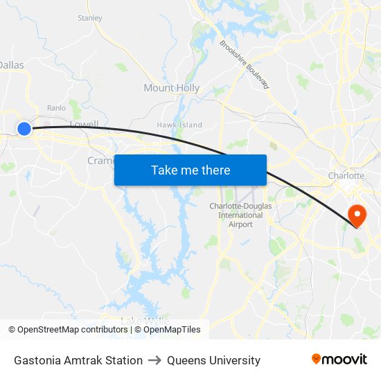 Gastonia Amtrak Station to Queens University map