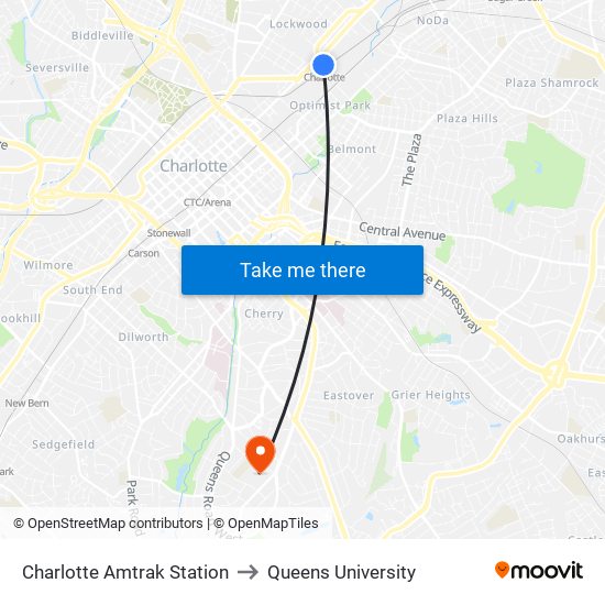 Charlotte Amtrak Station to Queens University map