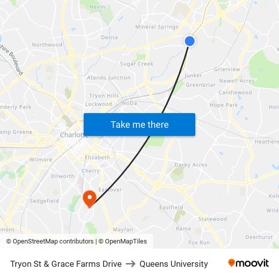 Tryon St & Grace Farms Drive to Queens University map