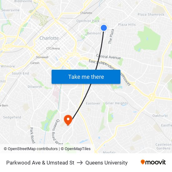 Parkwood Ave & Umstead St to Queens University map