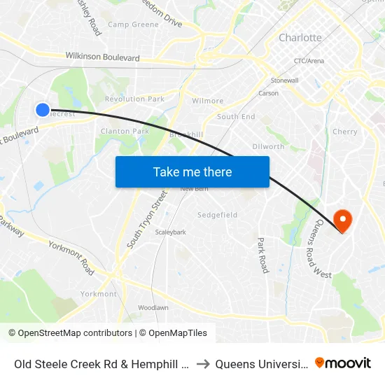 Old Steele Creek Rd & Hemphill St to Queens University map