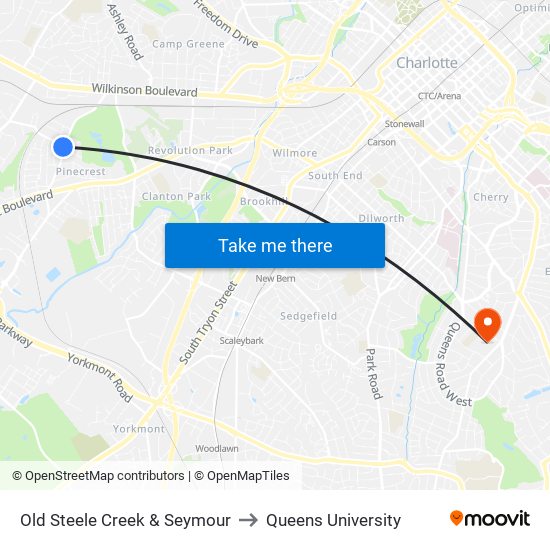 Old Steele Creek & Seymour to Queens University map