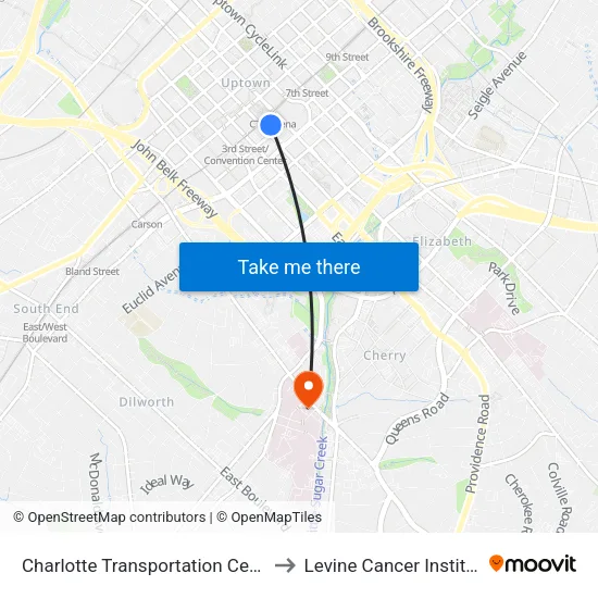 Charlotte Transportation Center to Levine Cancer Institute map