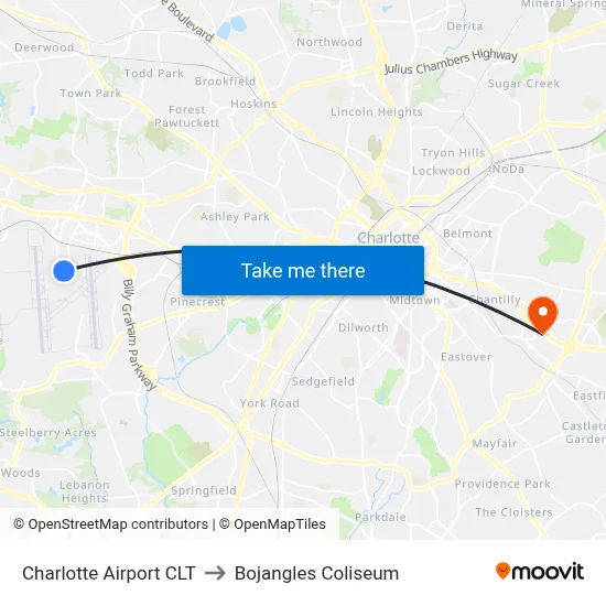 Charlotte Airport CLT to Bojangles Coliseum map