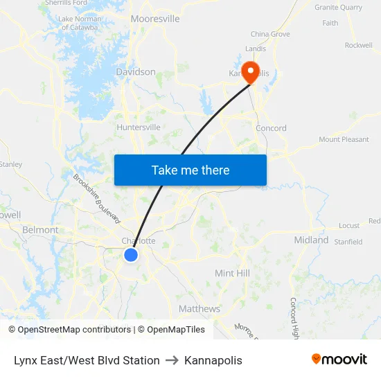 Lynx East/West Blvd Station to Kannapolis map