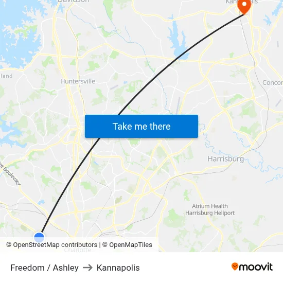 Freedom / Ashley to Kannapolis map