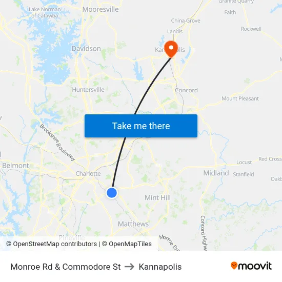 Monroe Rd & Commodore St to Kannapolis map