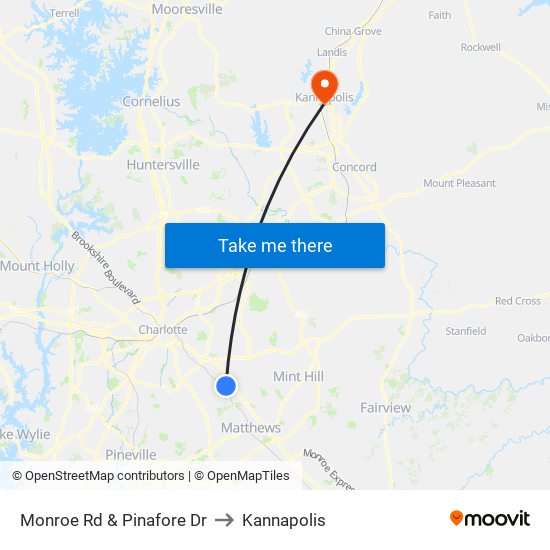 Monroe Rd & Pinafore Dr to Kannapolis map