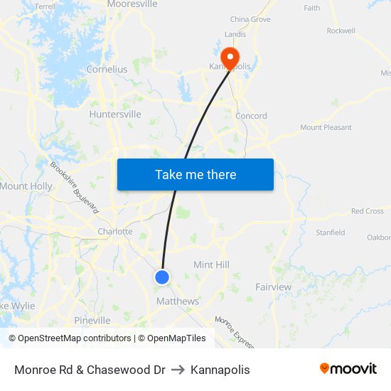 Monroe Rd & Chasewood Dr to Kannapolis map