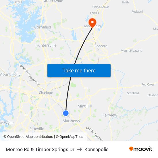 Monroe Rd & Timber Springs Dr to Kannapolis map