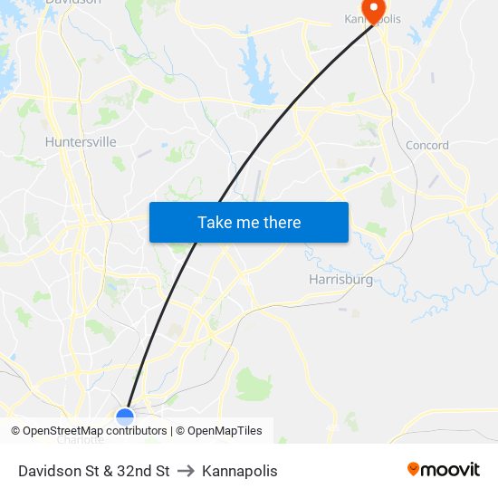 Davidson St & 32nd St to Kannapolis map