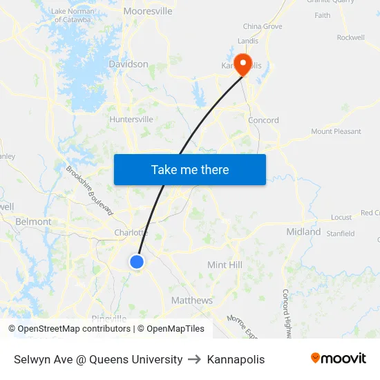 Selwyn Ave @ Queens University to Kannapolis map