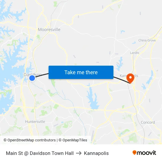 Main St @ Davidson Town Hall to Kannapolis map