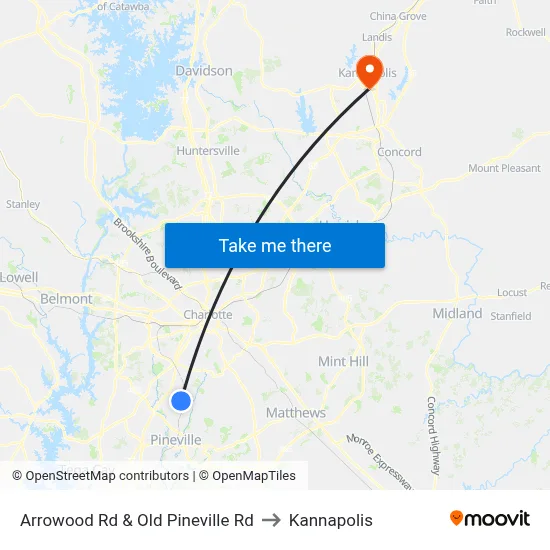 Arrowood Rd & Old Pineville Rd to Kannapolis map