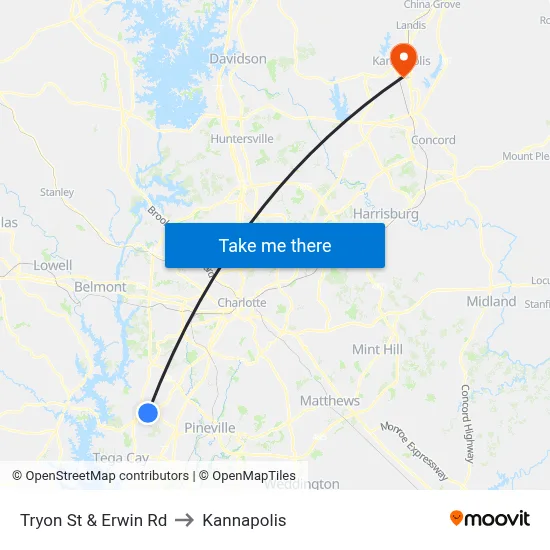 Tryon St & Erwin Rd to Kannapolis map