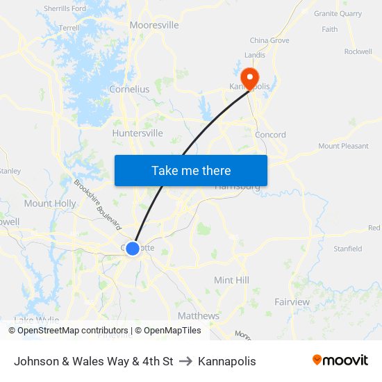 Johnson & Wales Way & 4th St to Kannapolis map