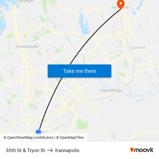 30th St & Tryon St to Kannapolis map