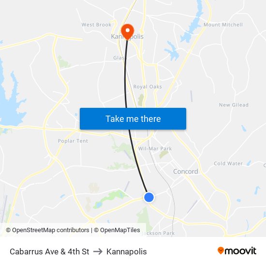 Cabarrus Ave & 4th St to Kannapolis map