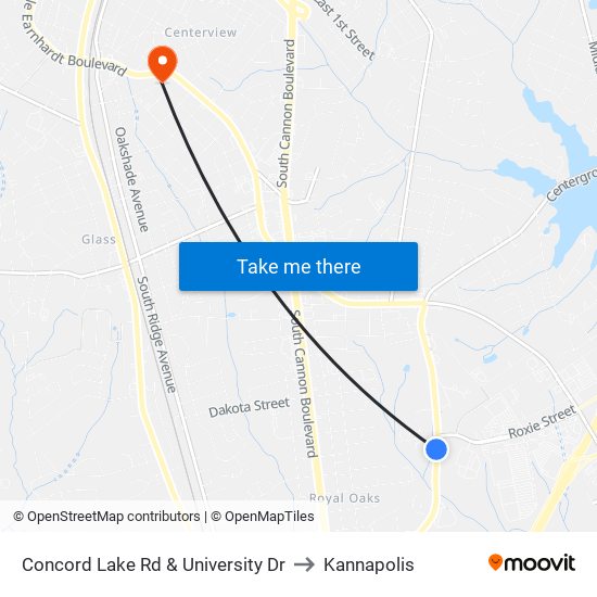 Concord Lake Rd & University Dr to Kannapolis map