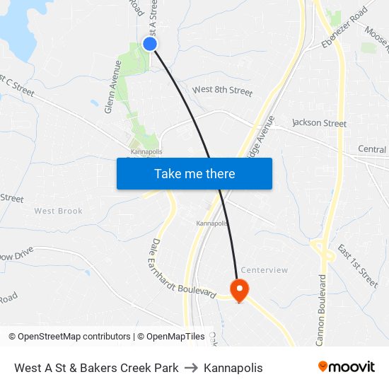 West A St & Bakers Creek Park to Kannapolis map