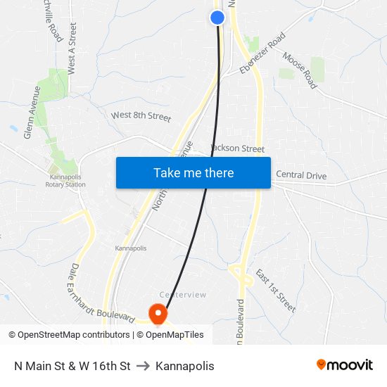 N Main St & W 16th St to Kannapolis map