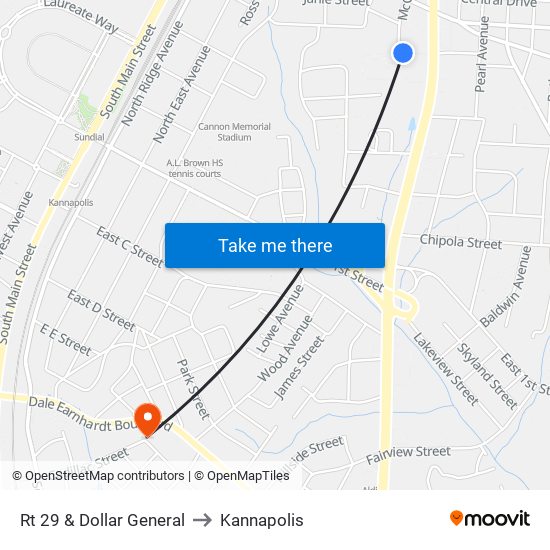 Rt 29 & Dollar General to Kannapolis map