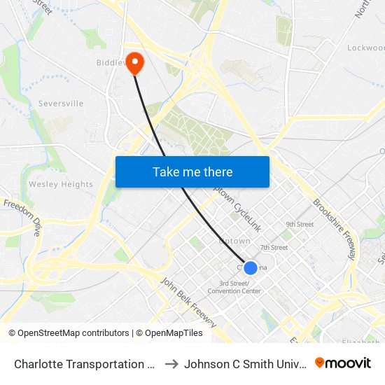 Charlotte Transportation Center to Johnson C Smith University map