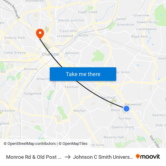 Monroe Rd & Old Post Rd to Johnson C Smith University map