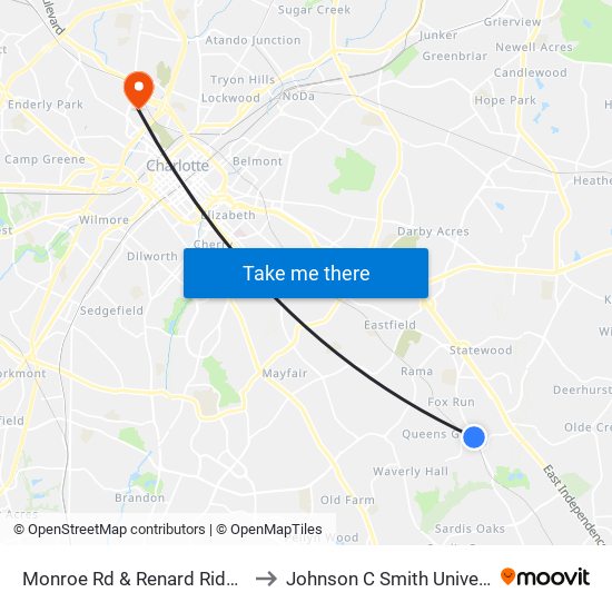 Monroe Rd & Renard Ridge Rd to Johnson C Smith University map