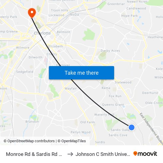 Monroe Rd & Sardis Rd North to Johnson C Smith University map