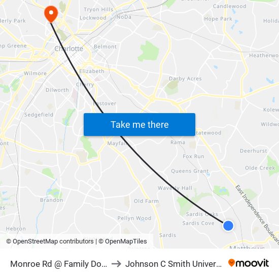 Monroe Rd @ Family Dollar to Johnson C Smith University map