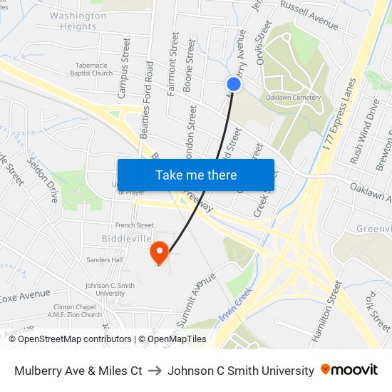 Mulberry Ave & Miles Ct to Johnson C Smith University map