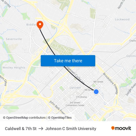 Caldwell & 7th St to Johnson C Smith University map
