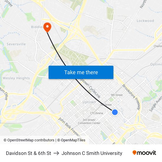 Davidson St & 6th St to Johnson C Smith University map