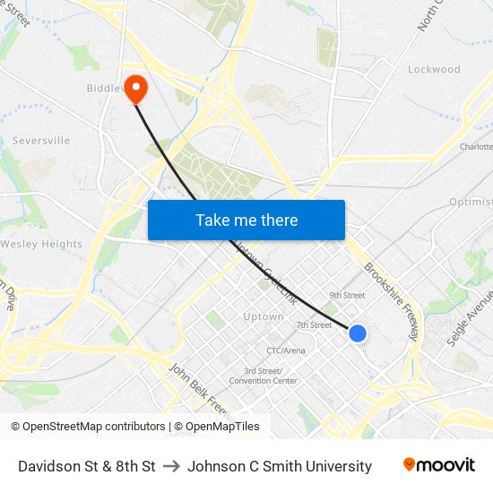 Davidson St & 8th St to Johnson C Smith University map